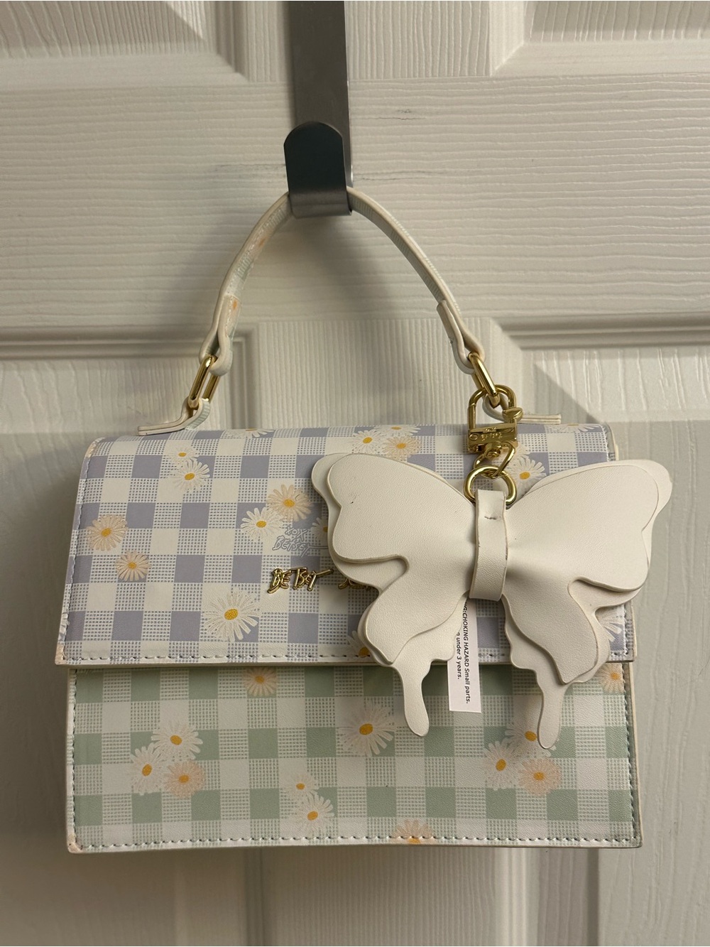 Betsey Johnson Pastel Checkered Top-Handle Bag with White Butterfly Charm